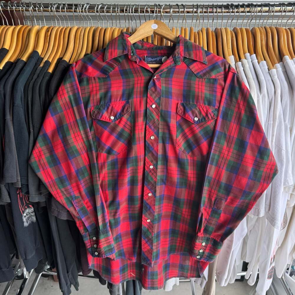 Vintage Wrangler Red and Green Plaid Pearl Snap Western Shirt